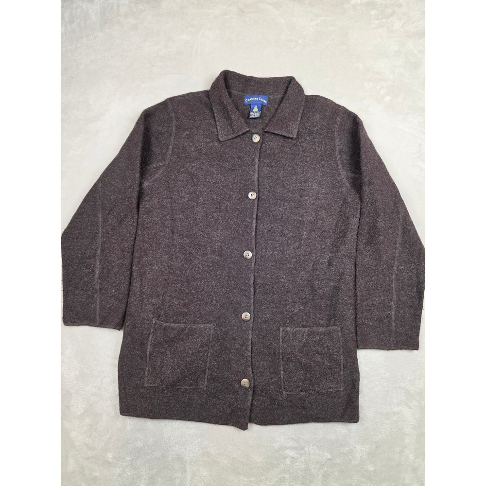 Vintage Charter Club Button Cardigan Women M Brown 100% Wool Pocket Jacket Long